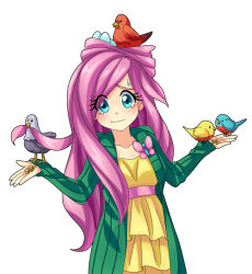 Rule 34 | 1girl, animal, bird, blush, bug, butterfly, cardigan, collarbone, dress, egg, fluttershy, green eyes, insect, looking at viewer, mouth hold, my little pony, my little pony: friendship is magic, nest, personification, pink hair, semehammer, shrugging, simple background, smile, solo, sundress, sweatdrop, tareme, white background