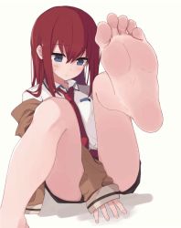 Rule 34 | 1girl, animated, animated gif, barefoot, blue eyes, blush, breasts, feet, fingernails, foot focus, foot up, hair between eyes, kahlua (artist), long hair, looking at viewer, looking away, makise kurisu, necktie, red hair, red neckwear, short shorts, shorts, simple background, sleeves past wrists, small breasts, soles, steins;gate, toe scrunch, toes, white background