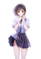 Rule 34 | 1girl, absurdres, black hairband, blue reflection (series), blue reflection tie, breasts, brown eyes, brown hair, cleavage, commentary, hairband, hashtag-only commentary, highres, hoshizaki ao, kishida mel, looking at viewer, miniskirt, necktie, official art, plaid, plaid skirt, pleated skirt, school uniform, shirt, short hair, short sleeves, skirt, solo, thighs, white background, white shirt, wind, wind lift