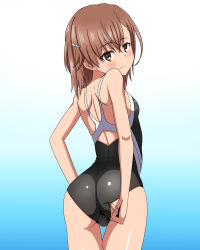 Rule 34 | 1girl, adjusting clothes, adjusting swimsuit, ass, asymmetrical bangs, bad id, bad pixiv id, black one-piece swimsuit, blue background, blush, brown eyes, brown hair, closed mouth, competition swimsuit, cowboy shot, from behind, gloves, hair ornament, hairclip, looking back, marupuni, matching hair/eyes, misaka mikoto, one-piece swimsuit, school swimsuit, smile, solo, standing, swimsuit, thighs, toaru kagaku no railgun, toaru majutsu no index, tokiwadai school swimsuit, wedgie