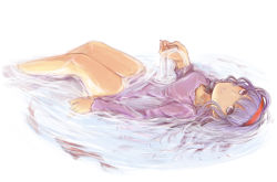 Rule 34 | 1girl, blouse, breasts, daitoshi, floating, floating hair, hairband, highres, idolmaster, idolmaster (classic), long hair, looking at viewer, lying on water, nagashi soumen, parted lips, partially submerged, shijou takane, shirt, silver hair, solo, wavy hair, white shirt