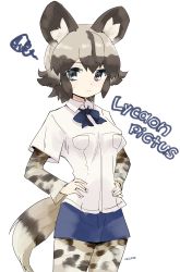 Rule 34 | 10s, 1girl, 3:, absurdres, african wild dog (kemono friends), african wild dog print, animal ears, animal print, annoyed, artist name, blonde hair, blue ribbon, breast pocket, brown hair, character name, closed mouth, collared shirt, commentary, cowboy shot, denim, denim shorts, dog ears, dog tail, eyebrow twitching, eyebrows, fingernails, grey eyes, hair between eyes, hands on own hips, highres, kamaboko red, kemono friends, layered sleeves, long sleeves, looking at viewer, multicolored hair, neck ribbon, pantyhose, pocket, print pantyhose, print shirt, ribbon, scientific name, shirt, short hair, short over long sleeves, short shorts, short sleeves, shorts, signature, simple background, solo, squiggle, sweat, tail, two-tone hair, wavy mouth, white background, white shirt, wing collar