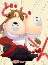 Rule 34 | 1girl, animal ears, bell, black thighhighs, borrowed character, breast expansion, breasts, brown eyes, brown hair, collar, cow ears, cow girl, cow horns, cow tail, ego trigger, emphasis lines, gigantic breasts, horns, huge breasts, long hair, magister, mattie (ego trigger), motion blur, neck bell, original, pasties, popped button, shirt, skirt, solo, tail, thighhighs, zettai ryouiki