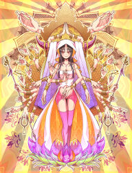 1girl alison_(alison_airlines) black_hair black_horns boots bracelet breasts buddhism chest_tattoo cleavage commentary cutout_above_navel dress extra_arms facial_mark fate/extra fate/extra_ccc fate/grand_order fate_(series) flower forehead_mark full_body gold_bracelet highres holding holding_staff horn_ornament horn_ring horns jewelry large_breasts long_hair looking_at_viewer mudra multicolored_horns outline panties parted_bangs pink_flower pink_footwear pink_horns pink_panties rosary sessyoin_kiara shakujou sideboob sidelocks smile solo staff stomach_tattoo tassel tattoo thigh_boots underwear veil vitarka_mudra white_dress white_veil yellow_eyes yellow_outline