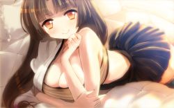 Rule 34 | 10s, 1girl, :d, ahoge, bandeau, bare shoulders, black skirt, blush, breasts, brown eyes, brown hair, cleavage, head rest, heart, heart-shaped pupils, highres, japanese clothes, kantai collection, large breasts, long hair, looking at viewer, low twintails, lying, miniskirt, on stomach, open mouth, orange eyes, pillow, pleated skirt, poko (mammypoko), shouhou (kancolle), skirt, smile, solo, strapless, symbol-shaped pupils, thighhighs, tube top, twintails, zettai ryouiki