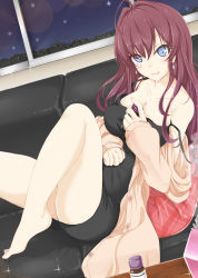 Rule 34 | 10s, 1girl, bare legs, bare shoulders, barefoot, black dress, blue eyes, bottle, breasts, brown coat, city lights, cityscape, cleavage, coat, collarbone, couch, dress, dutch angle, earrings, feet, glass, glint, hand on own stomach, highres, holding, ichinose shiki, idolmaster, idolmaster cinderella girls, indoors, jewelry, knee up, lens flare, long hair, necklace, night, night sky, off shoulder, on couch, open clothes, open coat, pendant, perfume bottle, pillow, plaid, plaid pillow, red hair, sky, solo, strap slip, toes, tsurime, unbuttoned, very long hair, window, yuu (oosakazaijyuu)