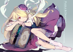 Rule 34 | 1girl, bare shoulders, blonde hair, character name, copyright name, dress, feet, hair over one eye, hat, hat ribbon, highres, long hair, looking at viewer, lying, no shoes, on side, pandora (p&amp;d), purple dress, puzzle &amp; dragons, red eyes, ribbon, short sleeves, socks, solo, tennohi, treasure chest, very long hair