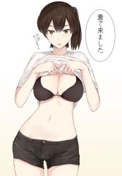 Rule 34 | 10s, 1girl, bad id, bad pixiv id, black bra, bra, breasts, brown eyes, brown hair, cleavage, clothes lift, contrapposto, gradient background, kaga (kancolle), kantai collection, large breasts, lifting own clothes, looking at viewer, navel, ogros, ponytail, shirt lift, short hair, short shorts, shorts, side ponytail, solo, standing, stomach, translated, underwear, white background, yellow background