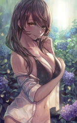 Rule 34 | bare shoulders, blush, bottomless, breasts, bug, butterfly, collarbone, cowboy shot, flower, grin, hair down, highres, hydrangea, insect, kujikawa rise, large breasts, midriff, navel, off shoulder, open clothes, open shirt, persona, persona 4, see-through, smile, solo, swimsuit, wet, yahiro (heartseek000)