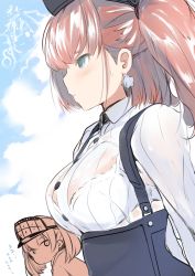 Rule 34 | 3girls, :3, absurdres, atlanta (kancolle), blue eyes, blush, bra, bra visible through clothes, breasts, brown hair, cloud, commentary request, dyson (edaokunnsaikouya), earrings, garrison cap, hat, headgear, high-waist skirt, highres, jewelry, kantai collection, large breasts, long hair, long sleeves, multiple girls, ryuujou (kancolle), see-through, single earring, skirt, sky, star (symbol), star earrings, sweat, sweaty clothes, thumbs up, translation request, twintails, two side up, underwear, visor cap, wet, wet clothes, white bra, yuudachi (kancolle)