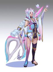 Rule 34 | 1girl, arm up, bandaged arm, bandages, black thighhighs, bow, braid, bug, butterfly, detached sleeves, drill hair, full body, grey background, gwen (league of legends), highres, insect, japanese clothes, kim ngoc, kimono, league of legends, long hair, obi, oversized object, pink thighhighs, sandals, sash, scissors, short kimono, short sleeves, solo, spirit blossom (league of legends), standing, thighhighs, twin braids, twintails, white background, white kimono, white sleeves