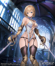 Rule 34 | 1girl, bare shoulders, black gloves, black thighhighs, blonde hair, blue eyes, breasts, character request, commentary request, copyright name, elbow gloves, evertale, gloves, highleg, highleg leotard, highres, holding, holding sword, holding weapon, large breasts, leotard, looking at viewer, navel, o-ring, parted lips, sage joh, solo, standing, sword, thighhighs, thighs, weapon, white leotard