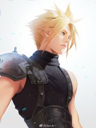Rule 34 | 1boy, aqua eyes, armor, bare shoulders, blonde hair, blue eyes, closed mouth, cloud strife, earrings, final fantasy, final fantasy vii, frown, highres, jewelry, looking away, male focus, motion blur, oten, pauldrons, ribbed sweater, screw, shoulder armor, simple background, sleeveless, sleeveless sweater, sleeveless turtleneck, solo, spiked hair, stud earrings, sweater, toned, toned male, turtleneck, upper body, weibo logo, weibo watermark, white background