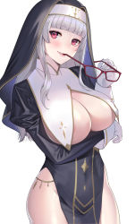 Rule 34 | 1girl, black dress, blunt bangs, blush, breast curtains, breasts, cleavage, covered erect nipples, covered navel, deras, dress, unworn eyewear, glasses, gloves, grey hair, grin, habit, highres, large breasts, long hair, long sleeves, looking at viewer, mole, mole under mouth, nun, original, pelvic curtain, red-framed eyewear, red eyes, revealing clothes, side slit, sidelocks, smile, solo, thighs, white background, white gloves