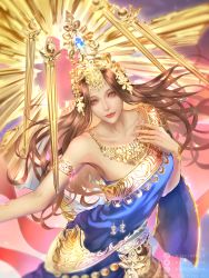 Rule 34 | 1girl, armlet, artstation username, bare shoulders, brown eyes, brown hair, closed mouth, feet out of frame, final fantasy, final fantasy xiv, highres, holding, instagram username, jewelry, lakshmi (final fantasy), lips, long hair, sleeveless, smile, solo, square enix, standing, twitter username, wandzardeen