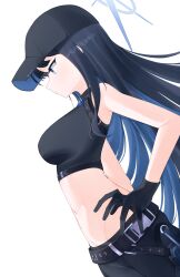 Rule 34 | 1girl, absurdres, baseball cap, black gloves, black hair, black hat, black pants, black shirt, blue archive, blue eyes, blue hair, blue halo, breasts, closed mouth, cobe, cobenavel, cowboy shot, from side, gloves, groin, halo, hand on own hip, hat, highres, large breasts, long hair, midriff, navel, pants, profile, saori (blue archive), shirt, sideboob, simple background, sleeveless, sleeveless shirt, solo, white background