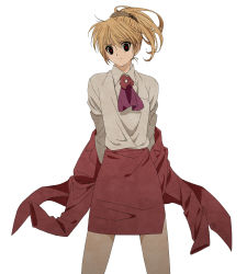 Rule 34 | 16 ban, ascot, blonde hair, bright pupils, collared shirt, commentary request, crossdressing, floating hair, hunter x hunter, jacket, kurapika, legs apart, long sleeves, looking at viewer, lowres, male focus, miniskirt, official alternate costume, pencil skirt, pink jacket, pink skirt, ponytail, purple ascot, shirt, simple background, skirt, trap, undressing, white shirt