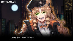 Rule 34 | 1girl, anger vein, arknights, artist name, black hat, black jacket, blurry, blurry background, brown hair, building, collared shirt, depth of field, dress shirt, forced smile, full moon, glowing, glowing eyes, green eyes, grin, hat, highres, jacket, long hair, looking at viewer, moon, night, night sky, outdoors, parted bangs, peaked cap, photo-referenced, ringlets, shirt, sky, skyscraper, smile, solo, squinting, swire (arknights), tama yu, translated, upper body, white shirt