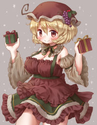 Rule 34 | 1girl, aki minoriko, alternate costume, arinu, blonde hair, box, breasts, brown eyes, choker, christmas, christmas present, cleavage, closed mouth, cowboy shot, detached sleeves, dress, food, fruit, gift, gift box, grapes, green ribbon, grey background, hair between eyes, hat ornament, highres, holding, holding gift, holly, large breasts, looking at viewer, red dress, red headwear, ribbon, ribbon choker, simple background, smile, snow, snowflakes, snowing, solo, standing, suspenders, touhou, wide sleeves
