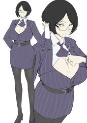 Rule 34 | 1girl, absurdres, belt, between breasts, black belt, black hair, black pantyhose, blouse, blue dress, blue neckwear, breasts, cleavage, closed mouth, collared shirt, dress, formal, full body, glasses, grace (puzenketsu), grey eyes, hand on own hip, highres, holding, holding paper, holding pen, huge breasts, jewelry, mature female, mole, mole on breast, mole under mouth, narrow waist, original, pantyhose, paper, parted bangs, pen, pinstripe pattern, pinstripe suit, puzenketsu, ring, shirt, short hair, simple background, skirt, standing, striped clothes, striped dress, striped skirt, suit, white background, white shirt
