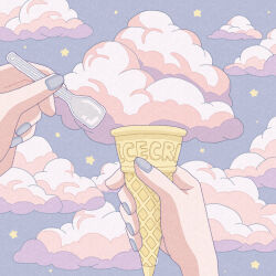 Rule 34 | 1girl, blue nails, cloud, cloudy sky, commentary request, fingernails, food, hands up, highres, holding, holding food, holding spoon, ice cream cone, nail polish, nekomaru0817, original, pov, pov hands, sky, solo, spoon, star (sky), star (symbol)