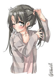Rule 34 | 1girl, arm up, black eyes, black hair, blush, ebifurya, hair between eyes, hair ribbon, highres, holding, holding own hair, hood, hoodie, kantai collection, long hair, long sleeves, looking at viewer, mouth hold, one eye closed, ribbon, simple background, solo, striped clothes, striped hoodie, twitter username, tying hair, upper body, white background, white ribbon, zuikaku (kancolle)