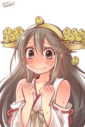Rule 34 | 10s, 1girl, 2015, :&gt;, animal, animal on head, artist name, bird, black hair, blush, chick, clenched hands, collarbone, dated, hair ornament, hairclip, haruna (kancolle), headgear, kantai collection, long hair, looking at viewer, meme, nontraditional miko, on head, simple background, solo, sweat, too many, too many birds, too many chicks, white background, yumi yumi