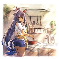 Rule 34 | 1girl, alternate costume, animal ears, apron, ass, blue shorts, blush, bottle, breasts, chopsticks, cooking, cutting board, dark-skinned female, dark skin, fang, hair between eyes, hair ornament, hairclip, head tilt, hishi amazon (umamusume), holding, horse ears, horse girl, horse tail, kitchen, ladle, large breasts, long hair, looking at viewer, mugen kageno, open mouth, ponytail, red eyes, shirt, shorts, signature, solo, spoon, tail, umamusume, very long hair, white shirt, yellow apron