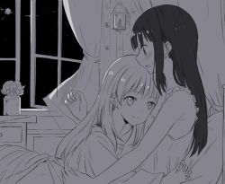 Rule 34 | 2girls, atelier (series), atelier totori, bed, blush, commentary request, curtains, ear blush, greyscale, hug, maromi (am97), mimi houllier von schwarzlang, monochrome, multiple girls, night, night sky, on bed, open mouth, sky, sleepwear, smile, totooria helmold, window, yuri