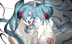 Rule 34 | 2girls, aqua eyes, aqua hair, aqua nails, clone, collarbone, colored skin, commentary, crying, crying with eyes open, face-to-face, floating hair, furrowed brow, hair ornament, hatsune miku, headphones, heart, highres, holding hands, interlocked fingers, long hair, looking at another, multiple girls, nail polish, nude, number tattoo, shoulder tattoo, soyaka, sparkle, tattoo, tears, tongue, tongue out, twintails, two-tone background, upper body, ura-omote lovers (vocaloid), very long hair, vocaloid, white skin