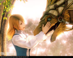 Rule 34 | 1990s (style), 1girl, 3d, :d, bird, brown hair, chocobo, day, earrings, final fantasy, final fantasy iii, hug, jewelry, lace, leaf, long hair, matching hair/eyes, monster, nature, official art, official wallpaper, open mouth, orange eyes, orange hair, outdoors, parted bangs, profile, realistic, refia, retro artstyle, sky, smile, solo, tree, turtleneck, upper body, vest, wallpaper
