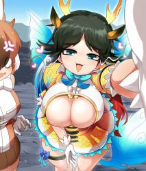 Rule 34 | anger vein, animal ears, bare shoulders, black hair, blue eyes, blush, bow, bowtie, breasts, brown hair, cleavage, cleavage cutout, clothing cutout, dhole (kemono friends), dog ears, dog girl, dog tail, dress, extra ears, giraffe ears, giraffe girl, giraffe horns, giraffe tail, gloves, headpat, heart, highres, horns, huge breasts, jealous, kemono friends, kemono friends 3, kirin (kemono friends), lets0020, long hair, looking at viewer, multicolored hair, multiple girls, open mouth, pov, red hair, scale print, shirt, short hair, skirt, sleeveless, smile, tail, two-tone hair, white hair, wings, yellow trim