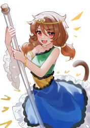 Rule 34 | 1girl, absurdres, ailu elf, blue dress, blush, breasts, brown hair, circlet, detached sleeves, dress, green dress, highres, long hair, looking at viewer, low twintails, medium breasts, monkey tail, open mouth, red eyes, simple background, single detached sleeve, smile, solo, son biten, tail, test tube, touhou, twintails, white background, white sleeves, yellow dress