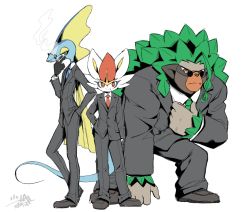 Rule 34 | 3boys, adjusting neckwear, ahoge, animal ears, artist name, black gloves, black jacket, black pants, blue neckwear, cigarette, cinderace, closed mouth, clothed pokemon, creatures (company), formal, full body, furry, furry male, game freak, gen 8 pokemon, glasses, gloves, green hair, green neckwear, grey footwear, half-closed eyes, hand in pocket, hand on own hip, hand up, happy, heel up, highres, holding, huge ahoge, inteleon, jacket, jpeg artifacts, lizard tail, long sleeves, looking to the side, male focus, matching hair/eyes, mouth hold, multiple boys, necktie, nintendo, pants, pince-nez, pokemon, pokemon (creature), rabbit ears, red hair, red neckwear, rillaboom, shirt, shoes, short hair, shourin bonzu, signature, simple background, smile, smoke, smoking, standing, suit, sunglasses, tail, white shirt, yellow eyes