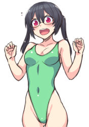 Rule 34 | 1girl, black hair, breasts, cowboy shot, green one-piece swimsuit, hai (h81908190), highleg, highleg swimsuit, long hair, looking at viewer, one-piece swimsuit, open mouth, original, red eyes, simple background, small breasts, solo, standing, swimsuit, teeth, twintails, upper teeth only, white background