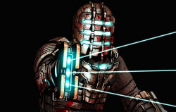 Rule 34 | 1boy, armor, black background, blood, blood on clothes, blood splatter, dead space, full armor, gun, hand up, highres, holding, holding gun, holding weapon, isaac clarke, jazz jack, plasma cutter, power suit, simple background, solo, spacesuit, standing, upper body, weapon