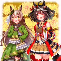 Rule 34 | 2girls, :d, ahoge, animal ears, ascot, black hair, bob cut, bow skirt, braid, breasts, brown ascot, brown eyes, brown hair, brown skirt, chrysanthemum, cleavage cutout, clothing cutout, corset, cowboy shot, cropped jacket, detached sleeves, ear ornament, floral background, flower, flower ornament, french braid, frilled shirt, frilled sleeves, frills, green jacket, green skirt, half updo, high-low skirt, highres, horse ears, horse girl, horse tail, jacket, kikuka-sho, kitasan black (umamusume), long hair, long skirt, long sleeves, looking at another, medium breasts, multicolored hair, multiple girls, open mouth, pleated skirt, red eyes, red ribbon, ribbon, satono diamond (umamusume), shirt, short hair, skirt, sleeves past fingers, sleeves past wrists, smile, streaked hair, sugimotty nova, tail, two-tone hair, umamusume, underbust, white hair, white shirt