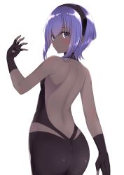 Rule 34 | 1girl, absurdres, ass, back, back focus, backless outfit, bare back, bare shoulders, black gloves, blush, butt crack, dark-skinned female, dark skin, fate/prototype, fate/prototype: fragments of blue and silver, fate (series), fingerless gloves, from behind, gloves, go-1, hairband, hassan of serenity (fate), highres, looking at viewer, looking back, purple eyes, purple hair, short hair, simple background, smile, solo, white background