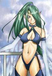 Rule 34 | 1girl, bird wings, breasts, breasts apart, center opening, circlet, cleavage, cleavage cutout, clothing cutout, cloud, cowboy shot, day, detached sleeves, duel monster, elbow gloves, garter straps, gloves, green hair, groin, hair over one eye, halterneck, harpie queen, harpy, high ponytail, hip focus, jewelry, large breasts, leotard, light smile, long hair, monster girl, navel, neck ring, outdoors, pendant, pointy ears, ponytail, purple eyes, railing, sideboob, sidelocks, sky, smile, solo, standing, thighhighs, very long hair, wings, yu-gi-oh!, yu-gi-oh! duel monsters