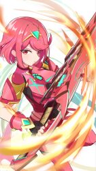 Rule 34 | absurdres, breasts, commentary, fire, highres, holding, holding sword, holding weapon, karuushi, large breasts, looking at viewer, pyra (xenoblade), red eyes, red hair, short hair, simple background, sword, weapon, white background, xenoblade chronicles (series), xenoblade chronicles 2