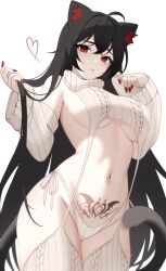 Rule 34 | 1girl, ahoge, animal ears, armpit crease, bare shoulders, black hair, breasts, cable knit, cat ears, cat girl, cat tail, commentary, cowboy shot, crop top, detached sleeves, garter straps, heart, highleg, highleg panties, highres, holding, holding own hair, kiyochii, lanfear, long hair, long sleeves, looking at viewer, medium breasts, meme attire, nail polish, navel, no bra, no pants, panties, parted lips, pubic tattoo, red eyes, red nails, revealing clothes, ribbed panties, ribbed sleeves, ribbed sweater, ribbed thighhighs, side-tie panties, sideboob, simple background, sleeveless, sleeveless turtleneck, solo, standing, stomach, string panties, sweater, tail, tattoo, thighhighs, thighs, turtleneck, underboob, underwear, unfinished, very long hair, virgin destroyer sweater, vrchat, white background, white panties, white thighhighs