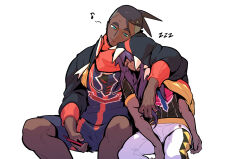 Rule 34 | 2boys, black hair, black hoodie, black shirt, blue shirt, blue shorts, champion uniform, closed eyes, closed mouth, commentary, creatures (company), dark-skinned male, dark skin, game freak, gen 4 pokemon, green eyes, highres, holding, holding phone, hood, hoodie, invisible chair, leaning, leggings, leon (pokemon), long hair, male focus, multiple boys, musical note, nintendo, open clothes, open hoodie, phone, pokemon, pokemon swsh, purple hair, raihan (pokemon), redlhzz, rotom, rotom phone, shirt, short hair, short sleeves, shorts, sitting, sleeping, undercut, yaoi, zzz
