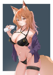 Rule 34 | 1girl, absurdres, alternate costume, animal ears, arknights, bare shoulders, bikini, black background, black bikini, blush, border, bottle, breasts, brown eyes, brown hair, cleavage, collarbone, contrapposto, cowboy shot, fox ears, fox girl, fox tail, franka (arknights), highres, holding, holding bottle, lahz52, large breasts, long hair, long sleeves, looking at viewer, navel, o-ring, o-ring bikini, o-ring top, one side up, open clothes, open shirt, outside border, parted lips, purple shirt, revision, shirt, simple background, smile, solo, stomach, swimsuit, tail, thigh strap, thighs, white border, zipper pull tab