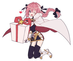 Rule 34 | 1boy, ;d, absurdres, armor, astolfo (fate), box, braid, cape, fang, fate/apocrypha, fate (series), full body, garter straps, gauntlets, gift, gift box, gimt, hair ribbon, highres, long hair, male focus, one eye closed, open mouth, pink hair, purple eyes, ribbon, single braid, smile, solo, thighhighs, trap