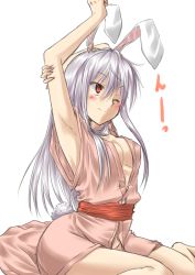 Rule 34 | 1girl, alternate costume, animal ears, armpits, arms up, blush, breasts, cleavage, female focus, long hair, no bra, no panties, one eye closed, open clothes, open shirt, purple hair, rabbit ears, rabbit girl, rabbit tail, red eyes, reisen udongein inaba, sagami uta, shirt, simple background, smile, solo, stretching, tail, touhou, wink