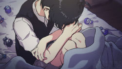 Rule 34 | 1boy, aubrey (headspace) (omori), aubrey (omori), basil (headspace) (omori), basil (omori), black hair, black vest, brown shorts, character doll, crying, doll, hero (headspace) (omori), hero (omori), highres, hugging own legs, kel (headspace) (omori), kel (omori), male focus, mari (headspace) (omori), mari (omori), omori, omori (omori), on bed, shirt, short hair, short sleeves, shorts, signature, sitting, solo, sunny (omori), tendoshi, toy, twitter username, under covers, vest, white shirt