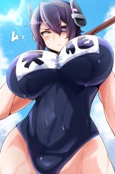 Rule 34 | 10s, 1girl, blush, breasts, eyepatch, gradient background, highres, huge breasts, kantai collection, mumumu (three emu), one-piece swimsuit, purple hair, school swimsuit, short hair, solo, swimsuit, tenryuu (kancolle), wet