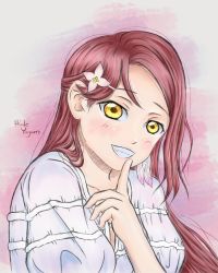 Rule 34 | 1girl, absurdres, artist name, artist request, blush, breasts, brown eyes, collarbone, dress, earrings, feather earrings, feathers, female focus, finger to mouth, hair between eyes, hair ornament, hair over shoulder, hairclip, half updo, highres, jewelry, long hair, looking at viewer, love live!, love live! school idol festival, love live! sunshine!!, love spiral tower (love live!), parted lips, plaid, plaid dress, pleated, pleated dress, puffy short sleeves, puffy sleeves, red hair, sakurauchi riko, sharp teeth, short sleeves, small breasts, smile, solo, teeth, the story of feather (love live!), upper body, white dress, yellow eyes