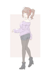 Rule 34 | 1girl, :d, ahoge, ankle boots, arm at side, bare shoulders, black footwear, black pantyhose, black shorts, boots, breasts, brown background, brown hair, from behind, full body, hair ornament, hair scrunchie, high heel boots, high heels, idolmaster, idolmaster million live!, leg up, pantyhose under shorts, long sleeves, looking at viewer, looking back, medium breasts, nemubusoku, off-shoulder sweater, off shoulder, open mouth, pantyhose, purple eyes, purple sweater, red scrunchie, ribbed sweater, scrunchie, short hair, shorts, side ponytail, sidelocks, sleeves past wrists, smile, solo, standing, standing on one leg, sweater, two-tone background, white background, yokoyama nao