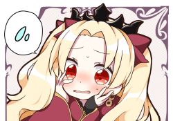 Rule 34 | 1girl, blonde hair, blush, bow, cape, commentary request, earrings, ereshkigal (fate), fate/grand order, fate (series), flying sweatdrops, forehead, hair bow, hands on own cheeks, hands on own face, highres, infinity symbol, jako (jakoo21), jewelry, long hair, long sleeves, parted bangs, red bow, red cape, red eyes, sleeves past wrists, solo, spoken flying sweatdrops, sweat, tiara, two side up, very long hair